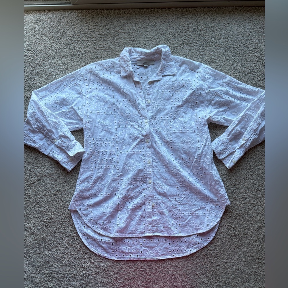 LOFT white eyelet button down shirt